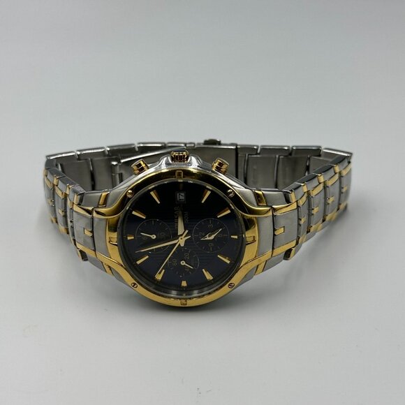 Pulsar Chronograph Watch Men Silver Gold Two-Tone Blue Dial New Battery 8.25" - Picture 7 of 12